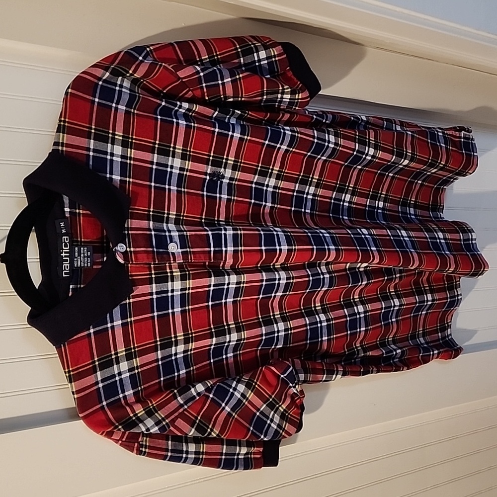 Nautica polo shirt Men's M Red Blue White Tartan plaid